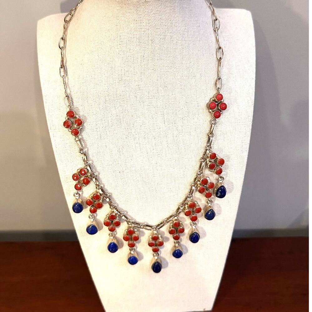 Tribal Necklace Blue Red Silver tone Boho Casual Unique Festival Jewelry
